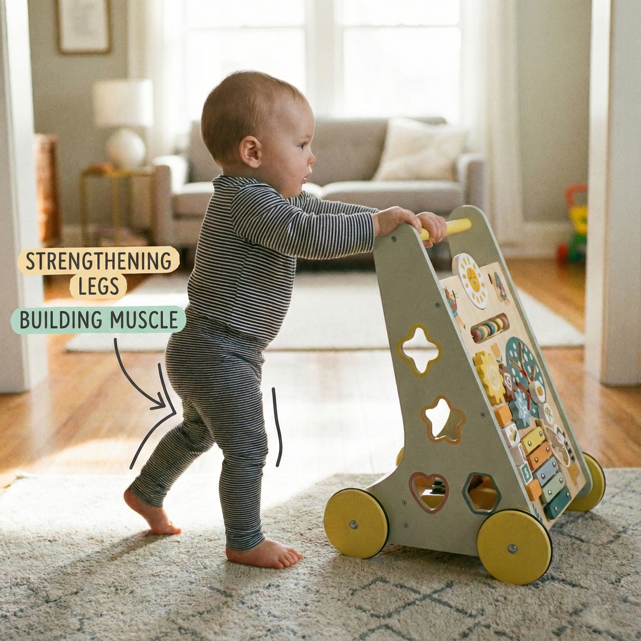 Load video: Baby using wooden push walker safely.